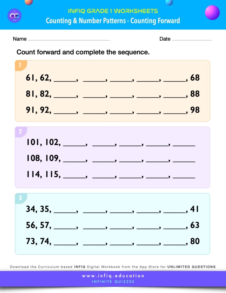 Grade 1 Math Worksheets - Counting & Number Patterns - Counting Forward