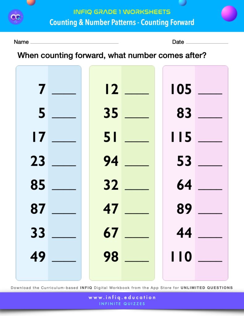 Grade 1 Math Worksheets - Counting & Number Patterns - Counting Forward