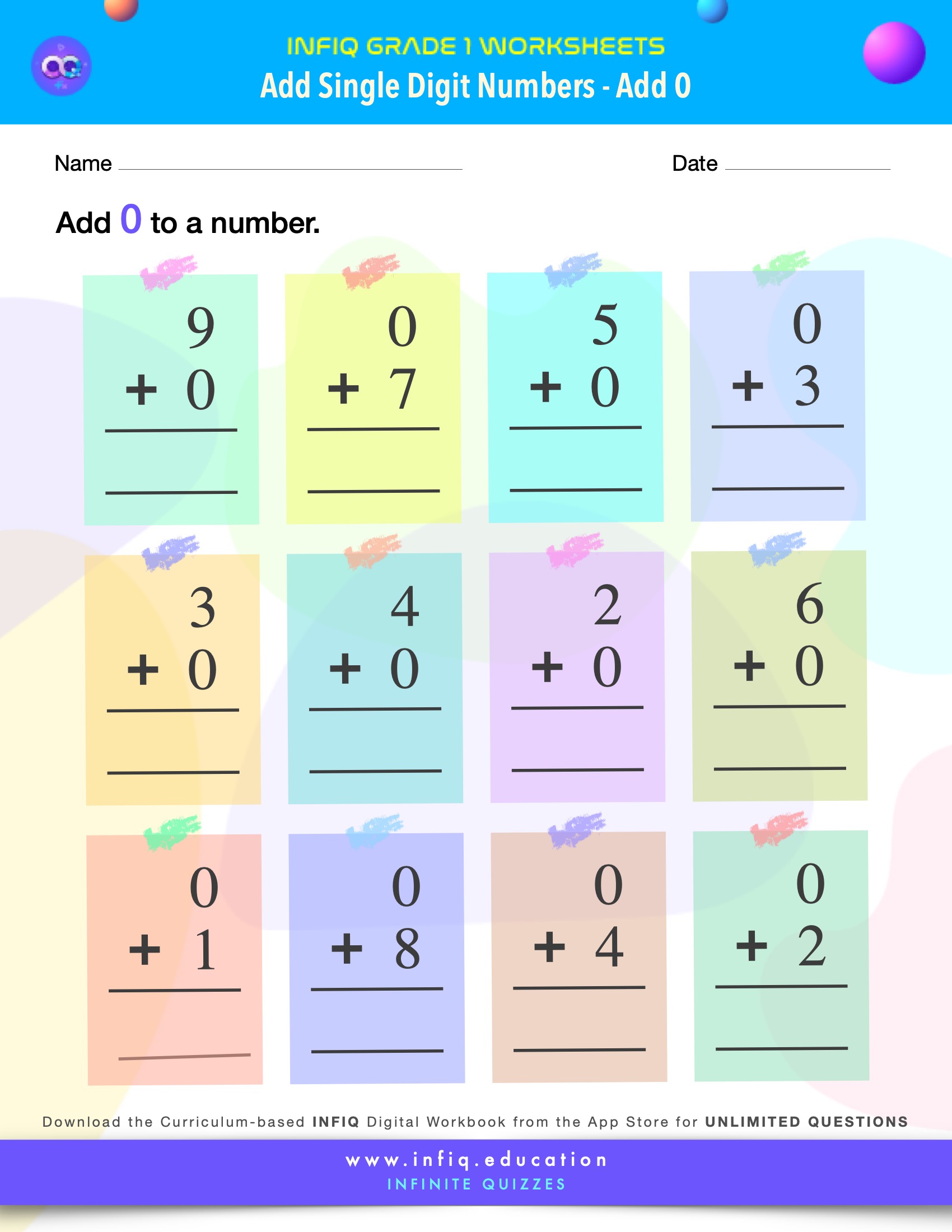 Grade 1 Math Worksheets - Add Single Digit Numbers - Add 0