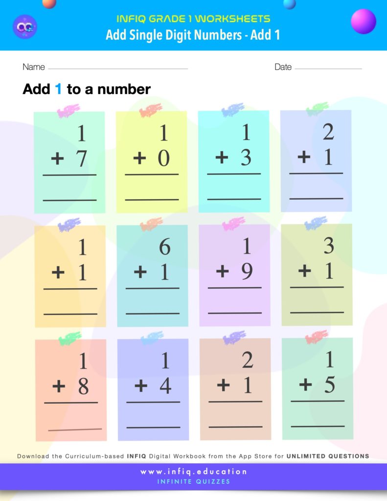 Grade 1 Math Worksheets - Add Single Digit Numbers - Add 1