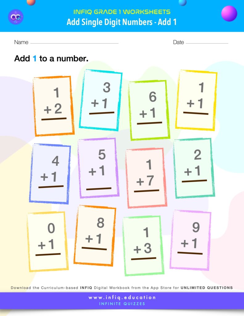 Grade 1 Math Worksheets - Add Single Digit Numbers - Add 1