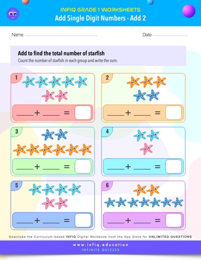 Grade 1 Math Worksheets - Add Single Digit Numbers - Add 2