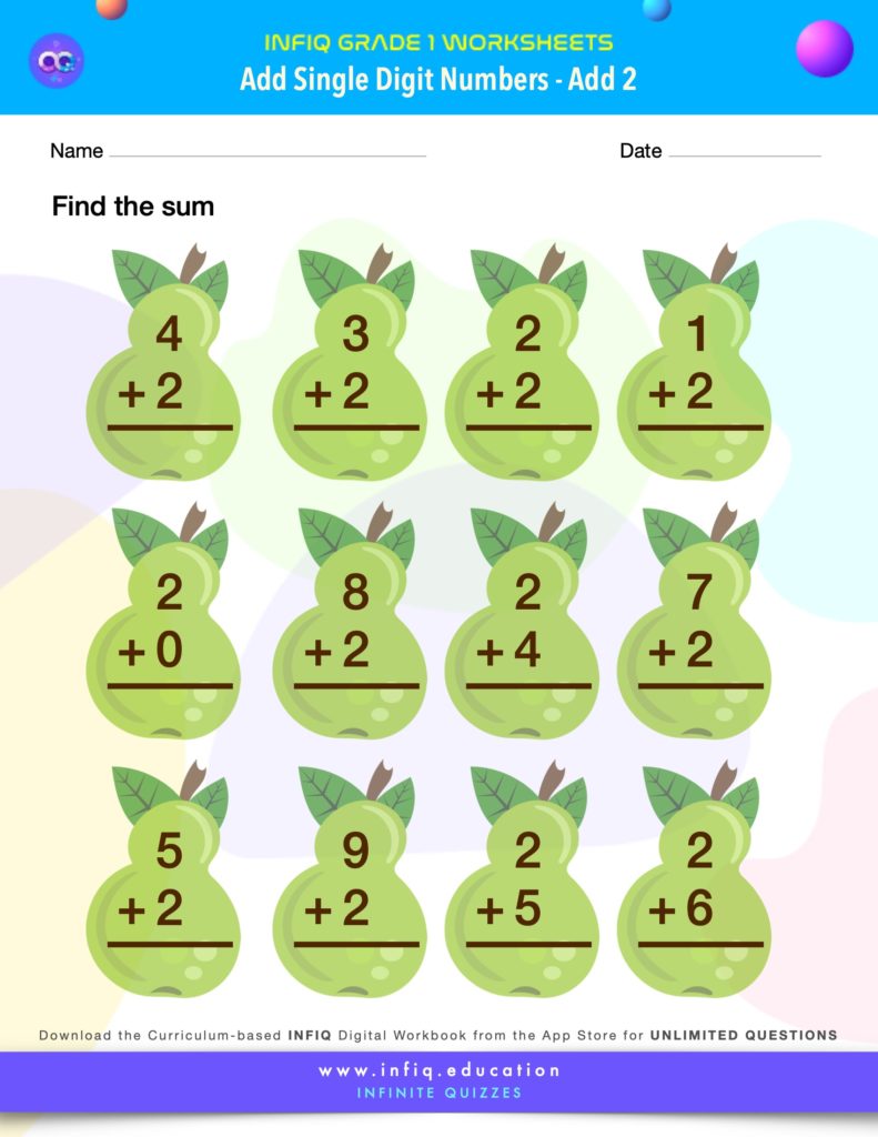 Grade 1 Math Worksheets - Add Single Digit Numbers - Add 2
