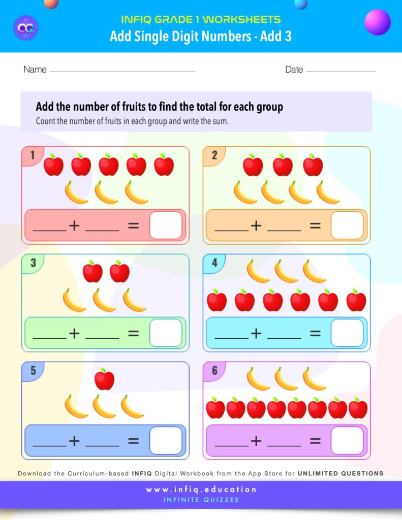 Grade 1 Math Worksheets - Add Single Digit Numbers - Add 3