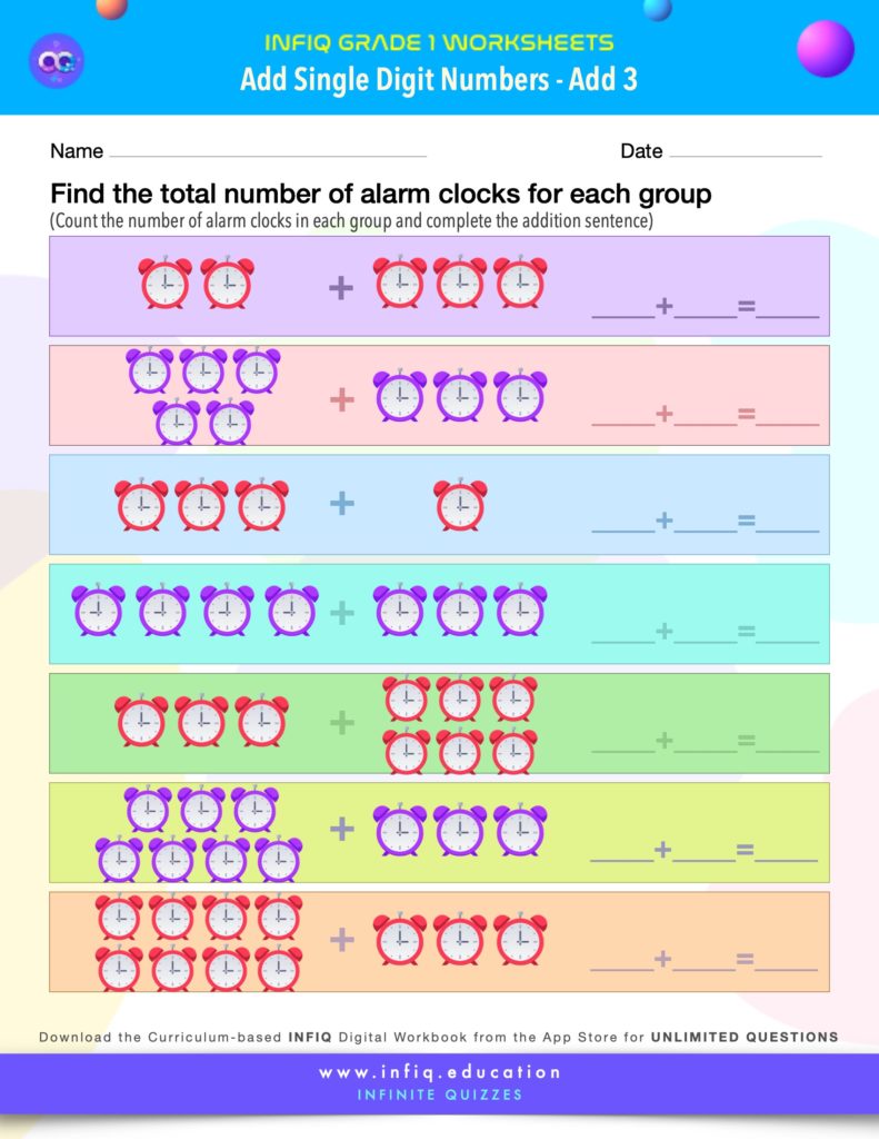 Grade 1 Math Worksheets - Add Single Digit Numbers - Add 3