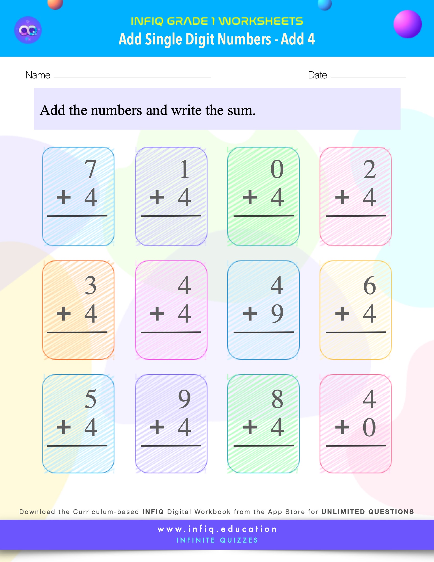 Grade 1 Math Worksheets - Add Single Digit Numbers - Add 4