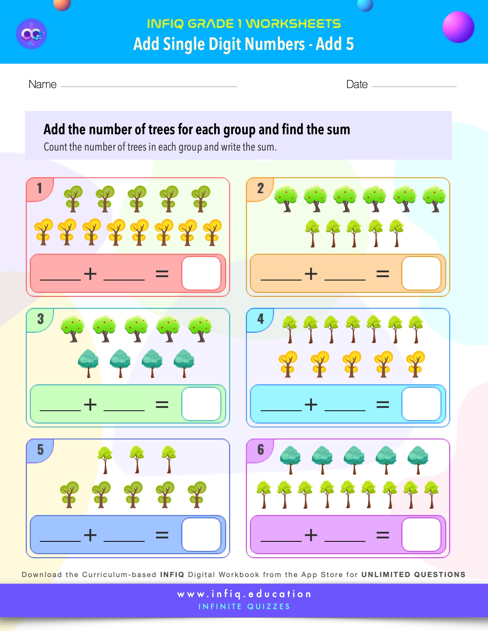 Grade 1 Math Worksheets - Add Single Digit Numbers - Add 5