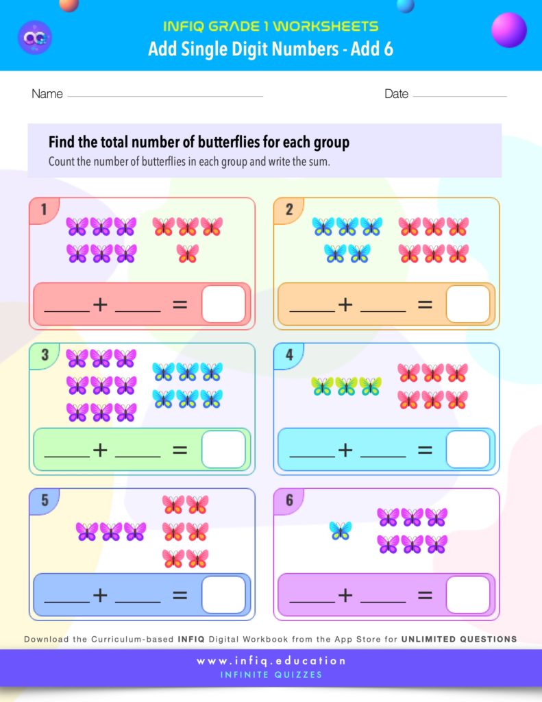 Grade 1 Math Worksheets - Add Single Digit Numbers - Add 6