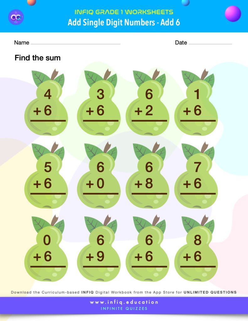 Grade 1 Math Worksheets - Add Single Digit Numbers - Add 6