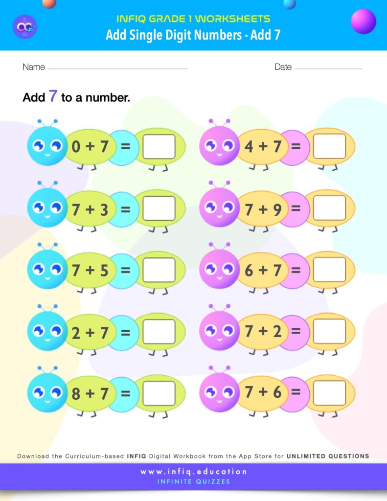 Grade 1 Math Worksheets - Add Single Digit Numbers - Add 7