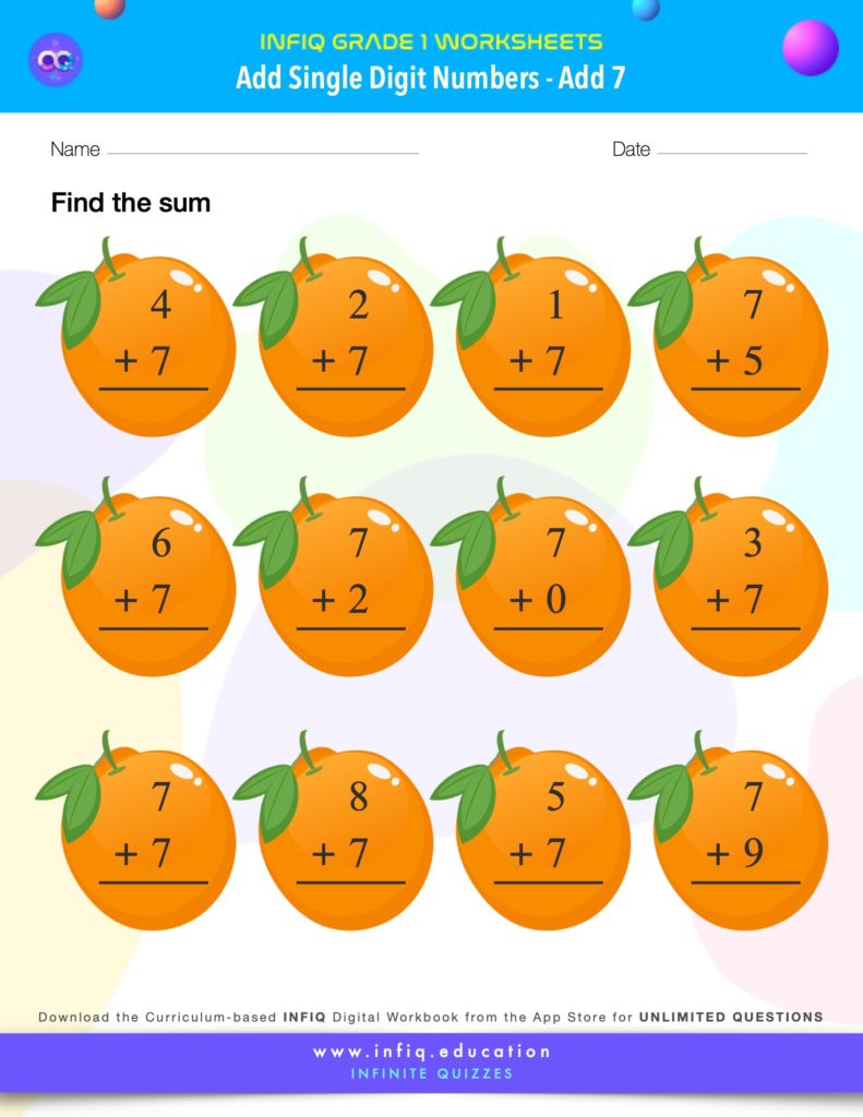 Grade 1 Math Worksheets - Add Single Digit Numbers - Add 7