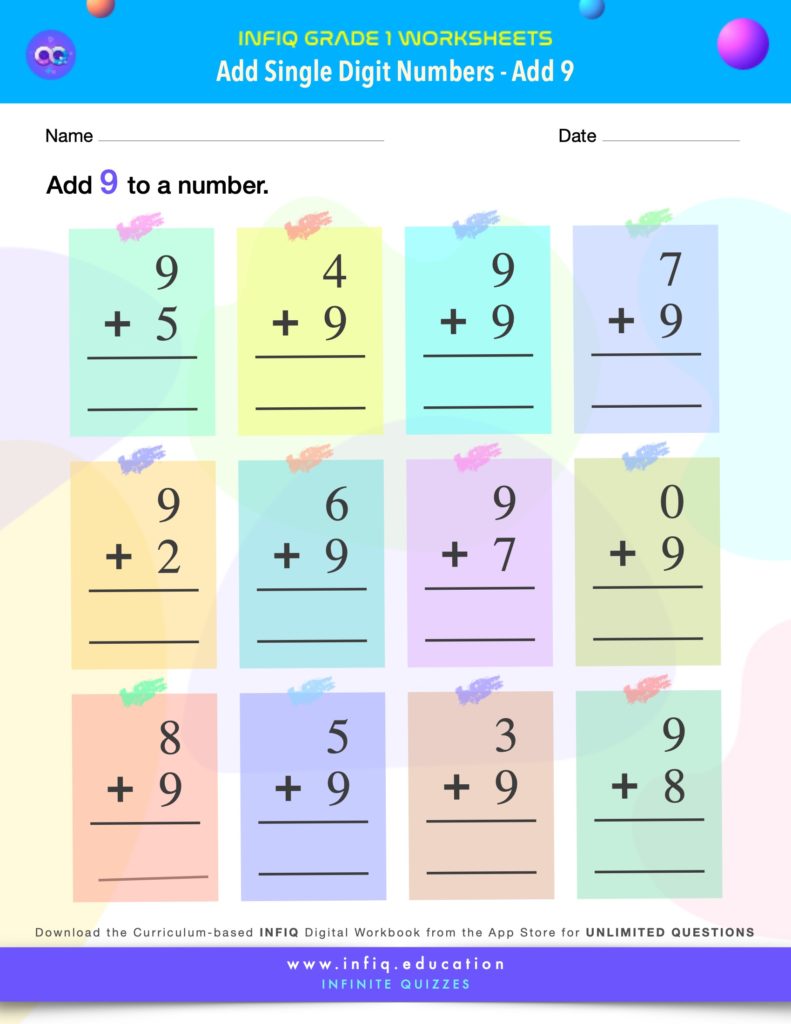 Grade 1 Math Worksheets - Add Single Digit Numbers - Add 9