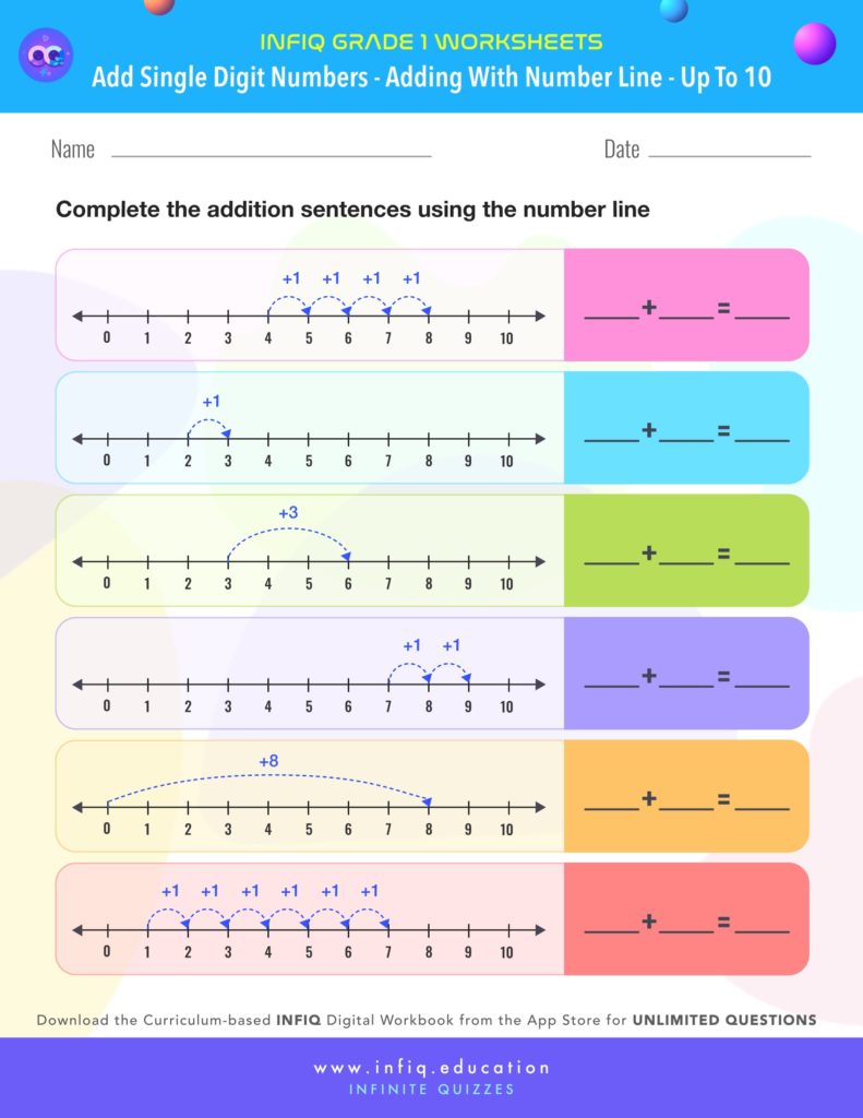 Grade 1 Math Worksheets - Add Single Digit Numbers - Add with number line (up to 10)