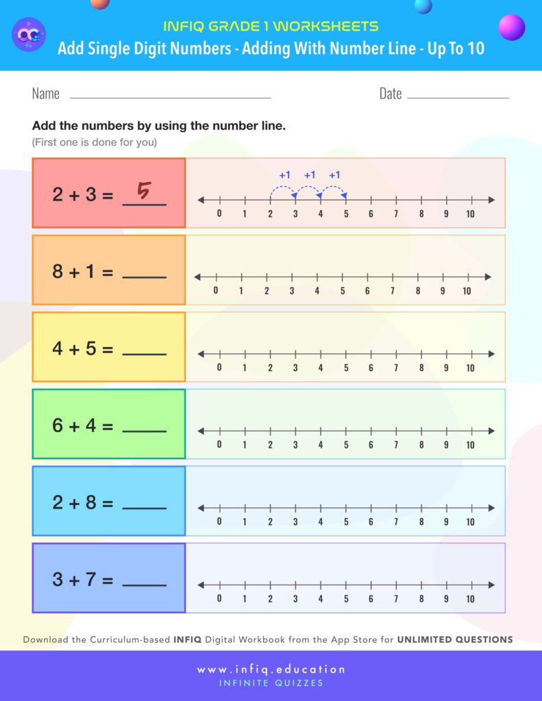 Grade 1 Math Worksheets - Add Single Digit Numbers - Add with number line (up to 10)