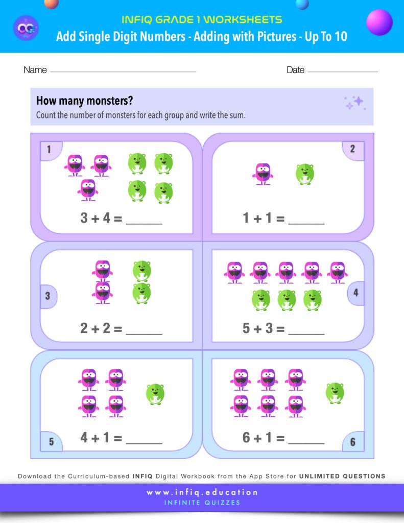 Grade 1 Math Worksheets - Add Single Digit Numbers - Adding with Pictures