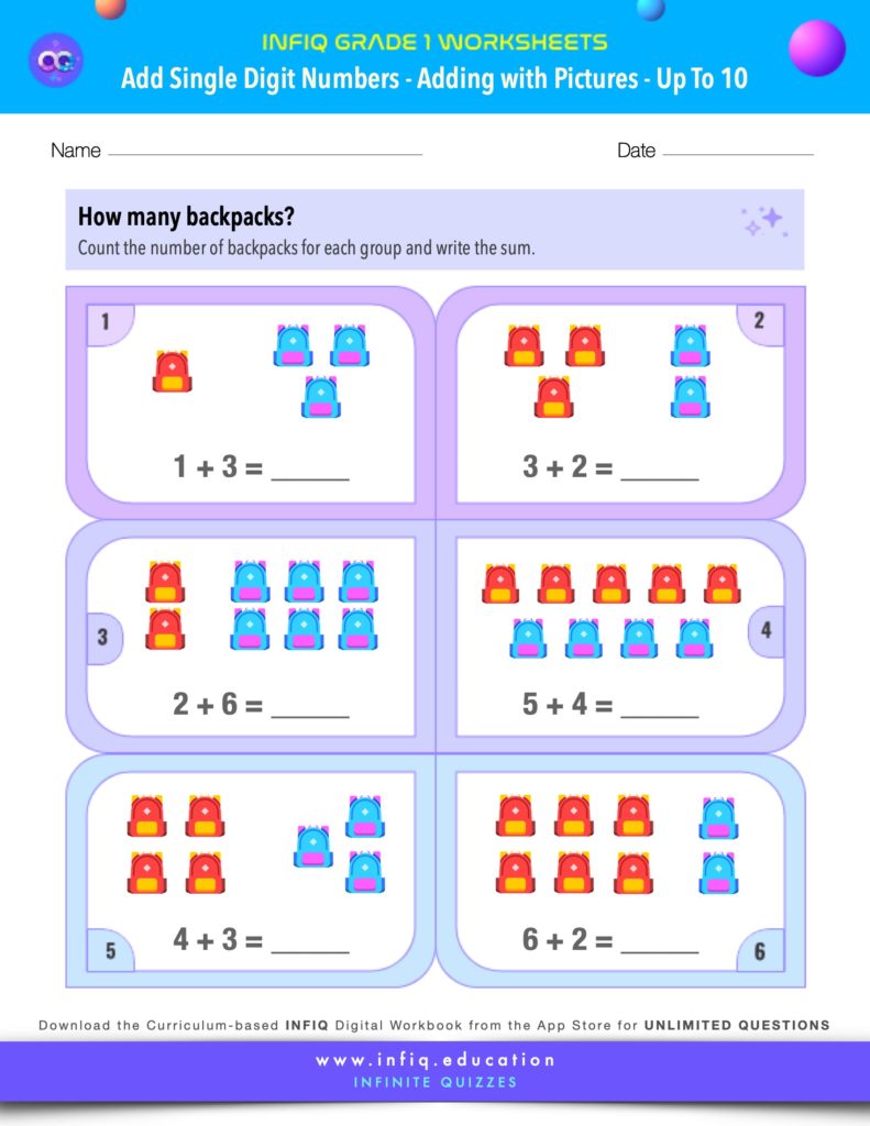 Grade 1 Math Worksheets - Add Single Digit Numbers - Adding with Pictures