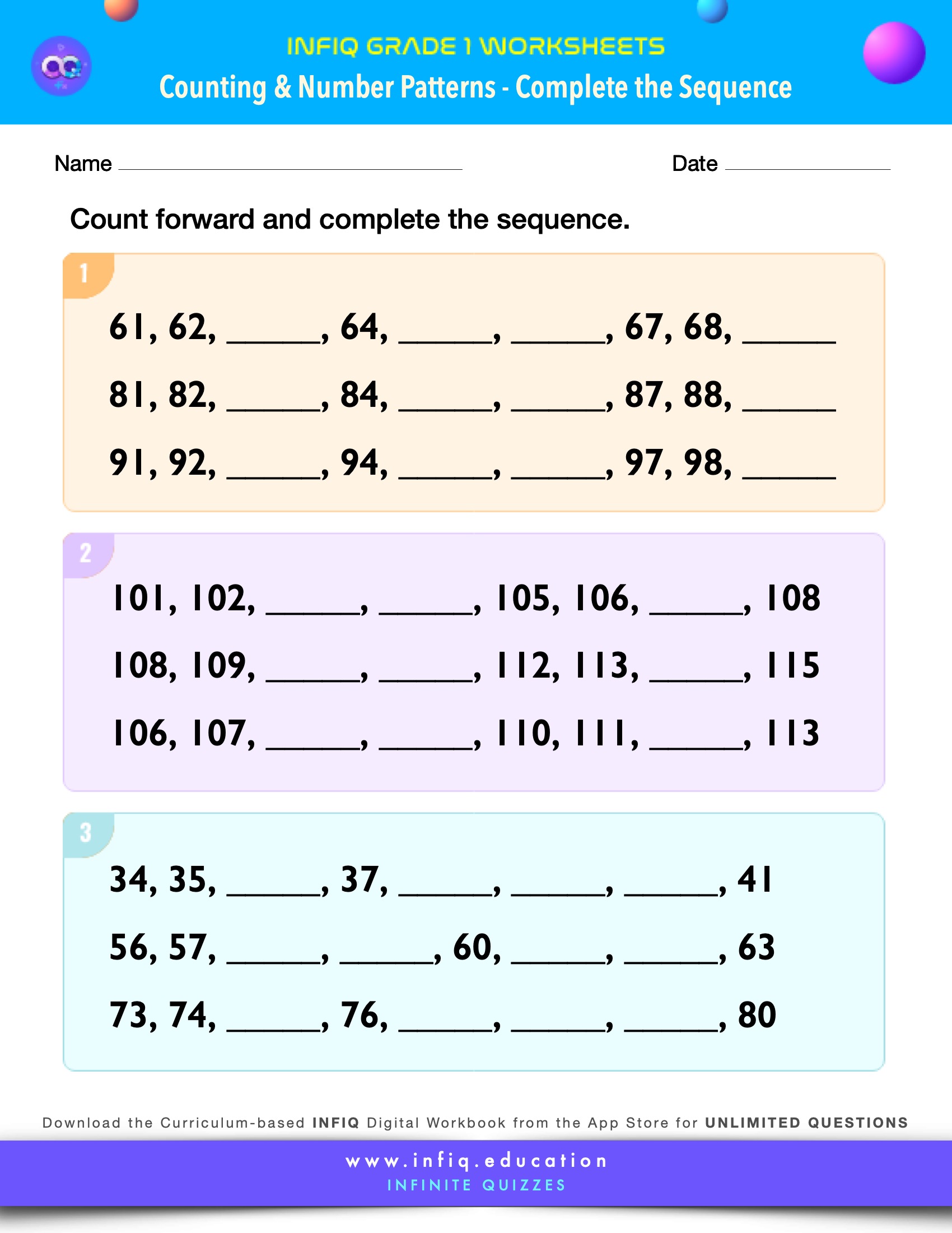 INFIQ | GRADE 1 Math Worksheets- Counting and Number Patterns ...