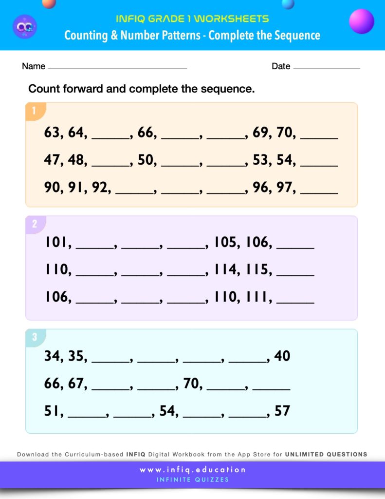 Grade 1 Math Worksheets - Counting & Number Patterns - Complete the Sequence