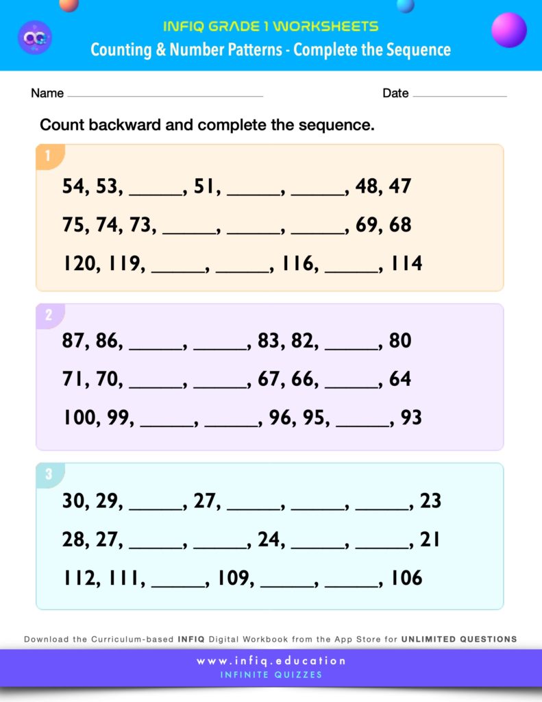 Grade 1 Math Worksheets - Counting & Number Patterns - Complete the Sequence