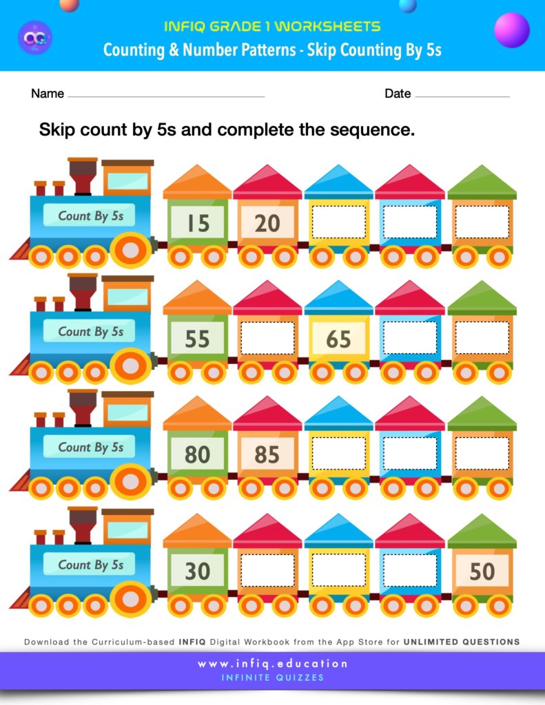 Grade 1 Math Worksheets - Counting & Number Patterns - Skip Counting by 5s