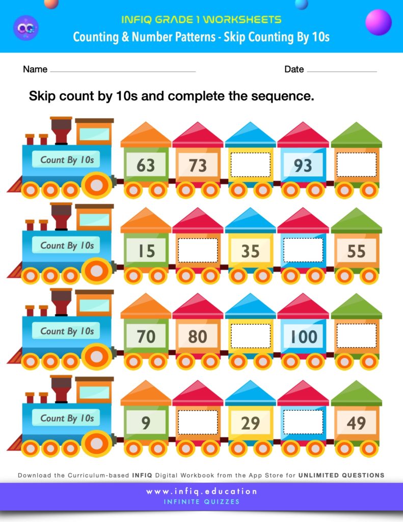 Grade 1 Math Worksheets - Counting & Number Patterns - Skip Count by Tens