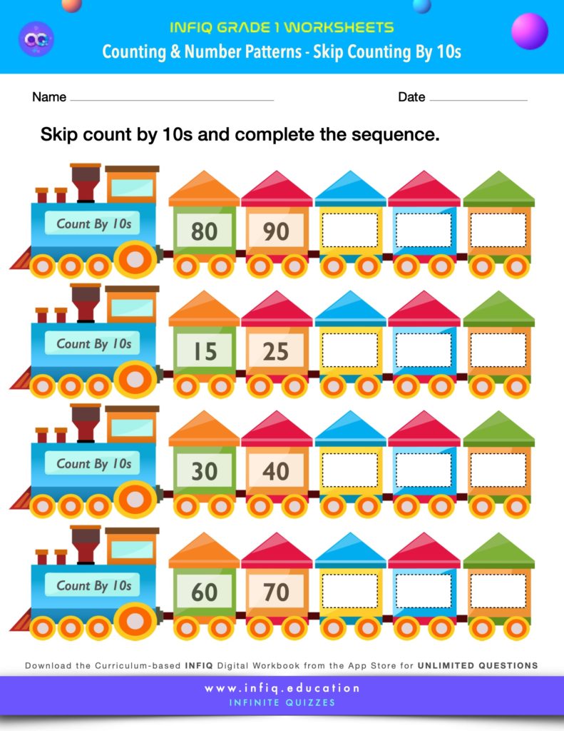 Grade 1 Math Worksheets - Counting & Number Patterns - Skip Counting by 10s