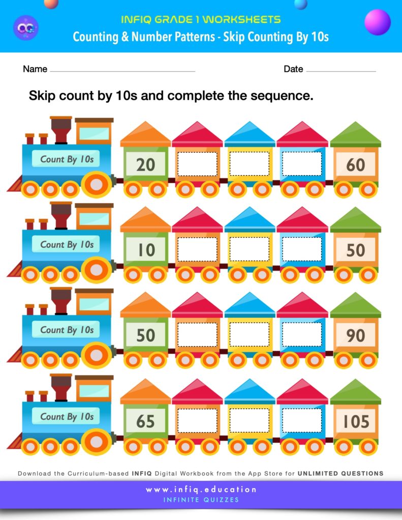 Grade 1 Math Worksheets - Counting & Number Patterns - Skip Count by 10s