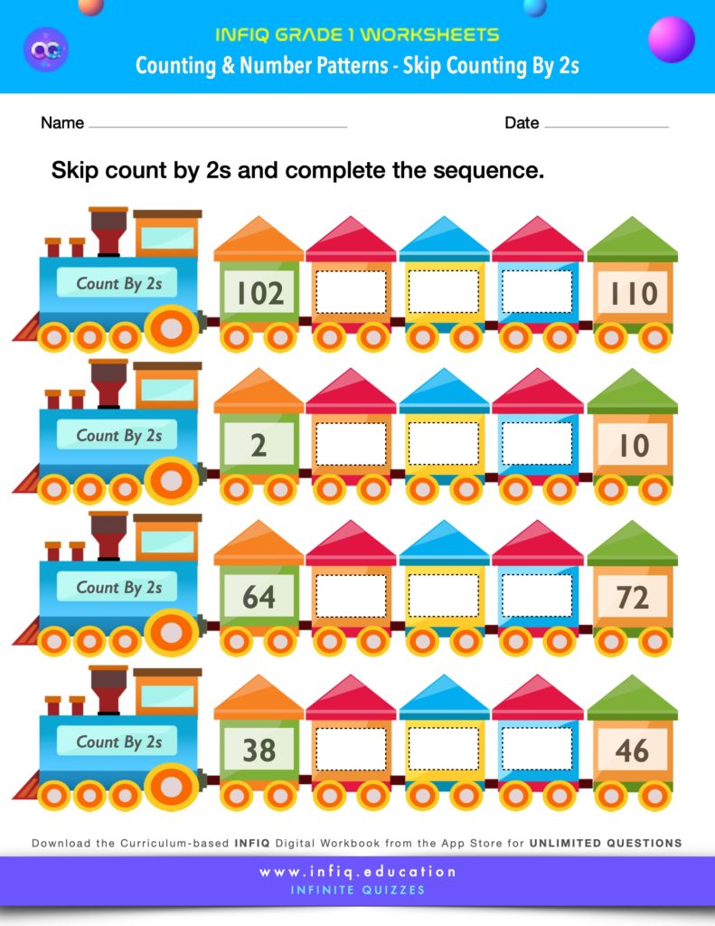 Grade 1 Math Worksheets - Counting & Number Patterns - Skip Counting by Twos