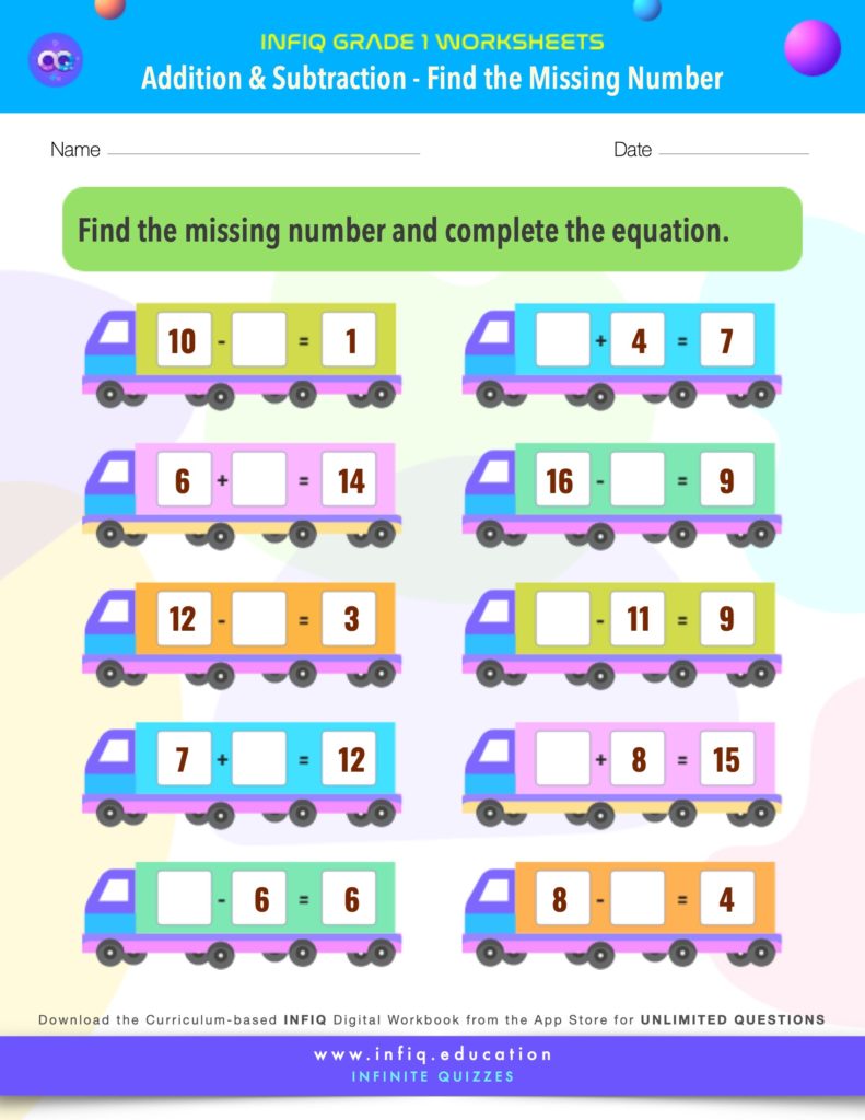 Grade 1 Math: Addition & Subtraction - Find the Missing Number Worksheet