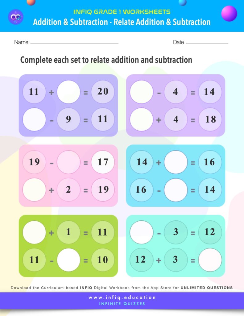 Grade 1 Math: Addition & Subtraction - Relate Addition & Subtraction Worksheet