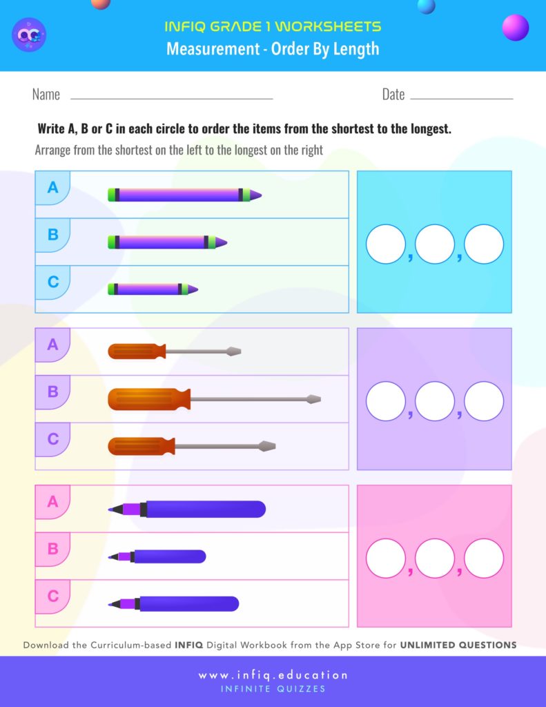 Grade 1 Math: Measurement - Order By Length Worksheet