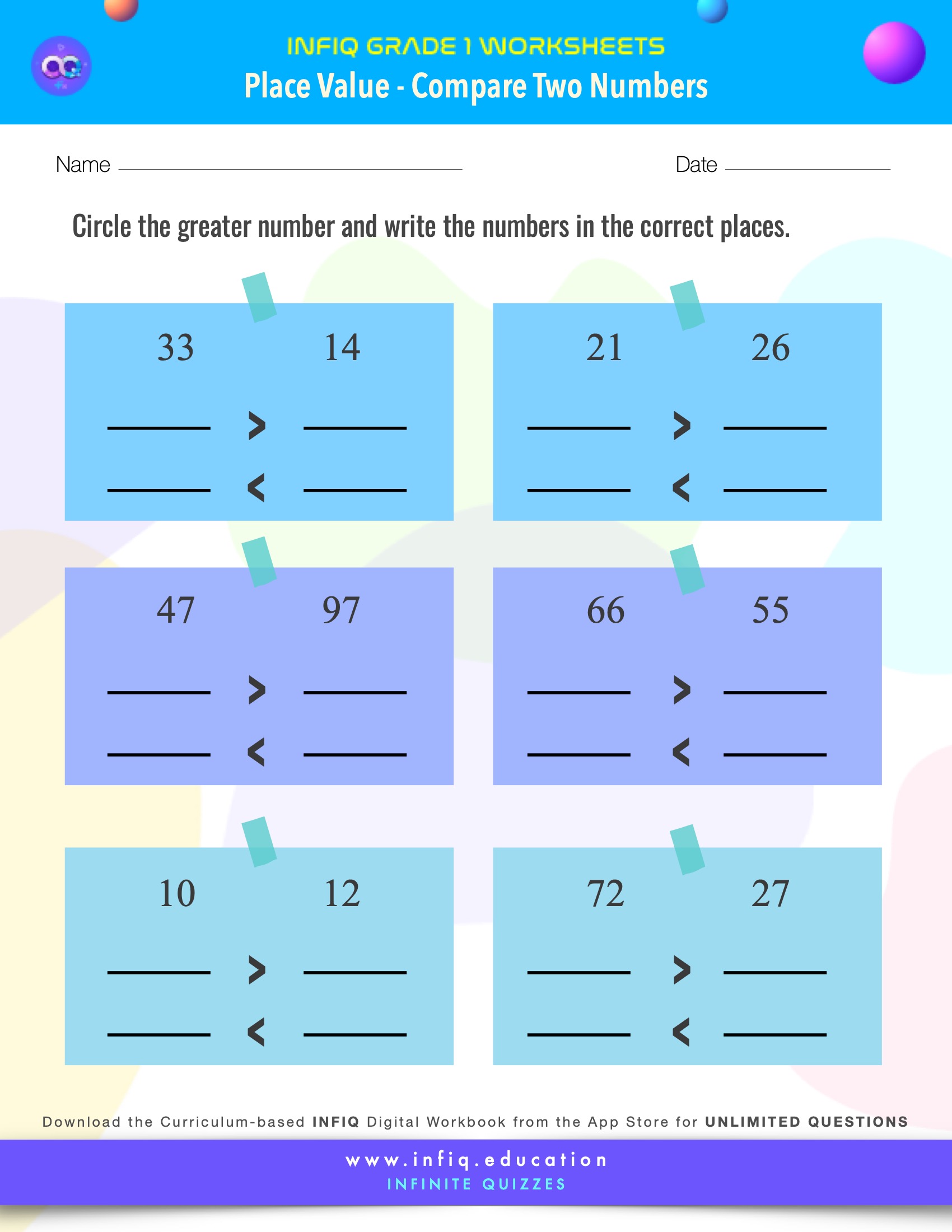 Grade 1 Math: Place Value - Compare Two Numbers Worksheet