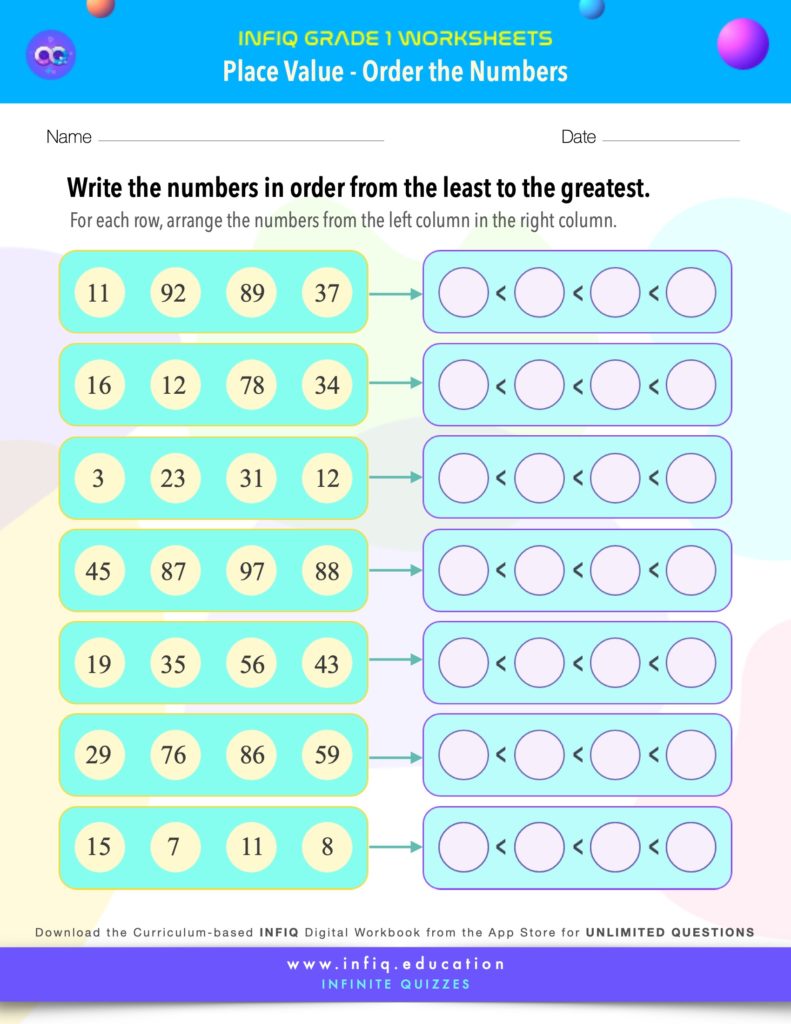 Grade 1 Math: Place Value - Order the Numbers Worksheet