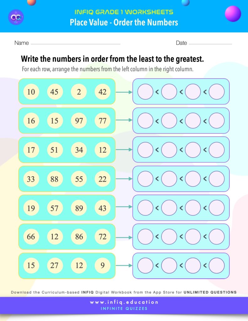 Grade 1 Math: Place Value - Order the Numbers Worksheet