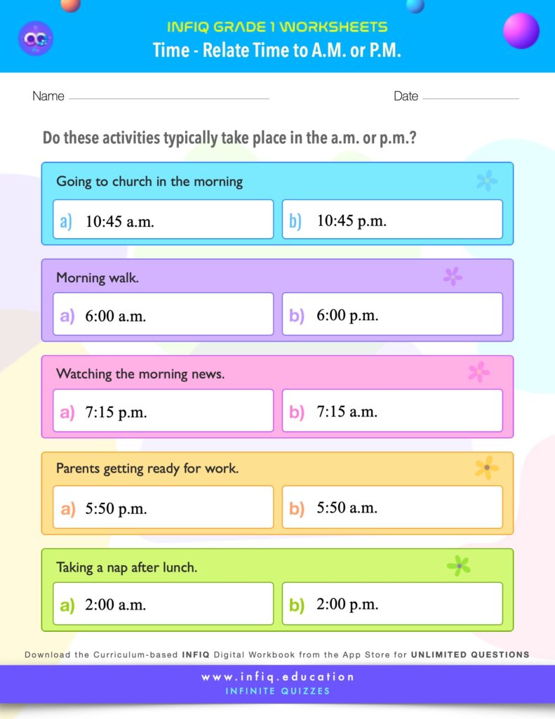 Grade 1 Math: Time - Relate Time to a.m. or p.m. Worksheet