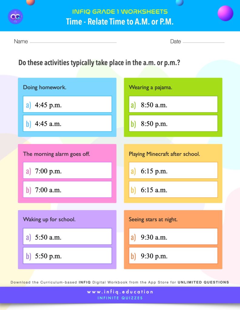 Grade 1 Math: Time - Relate Time to a.m. or p.m. Worksheet