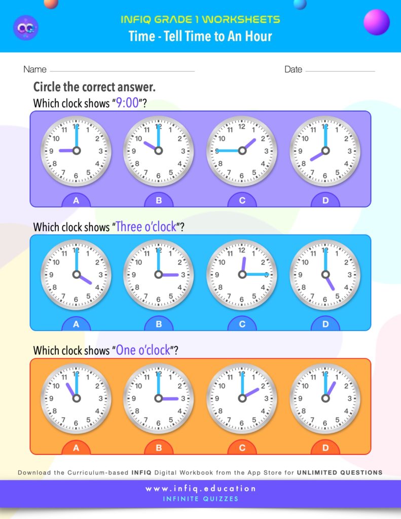 Grade 1 Math: Time - Tell Time to An Hour Worksheet