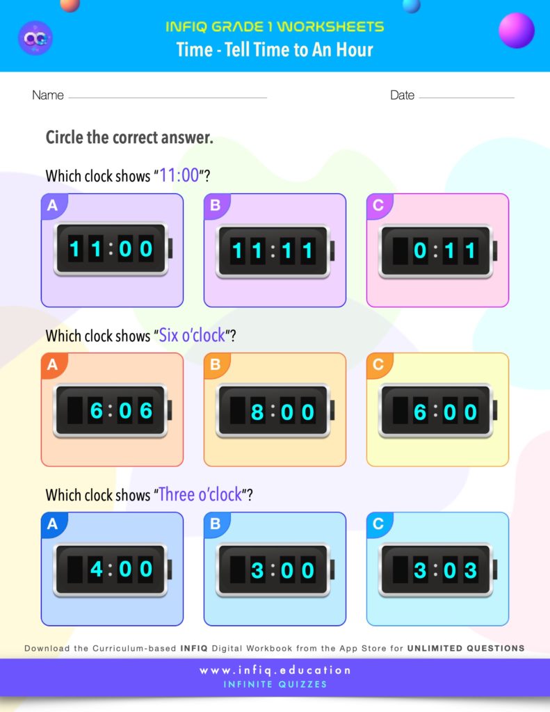 Grade 1 Math: Time - Tell Time to An Hour Worksheet