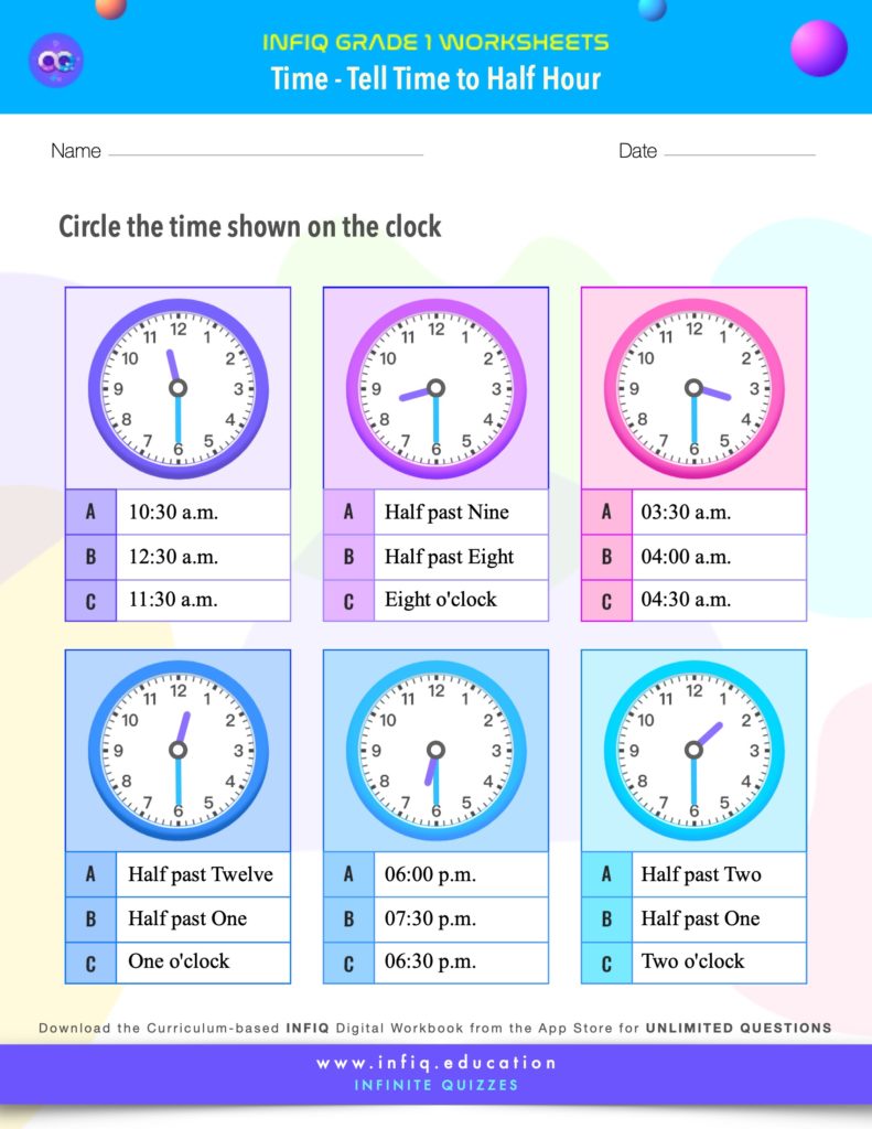 Grade 1 Math: Time - Tell Time to Half Hour Worksheet
