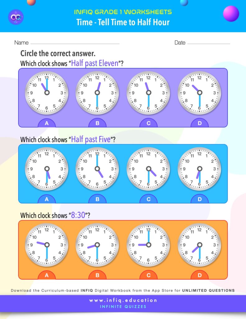 Grade 1 Math: Time - Tell Time to Half Hour Worksheet