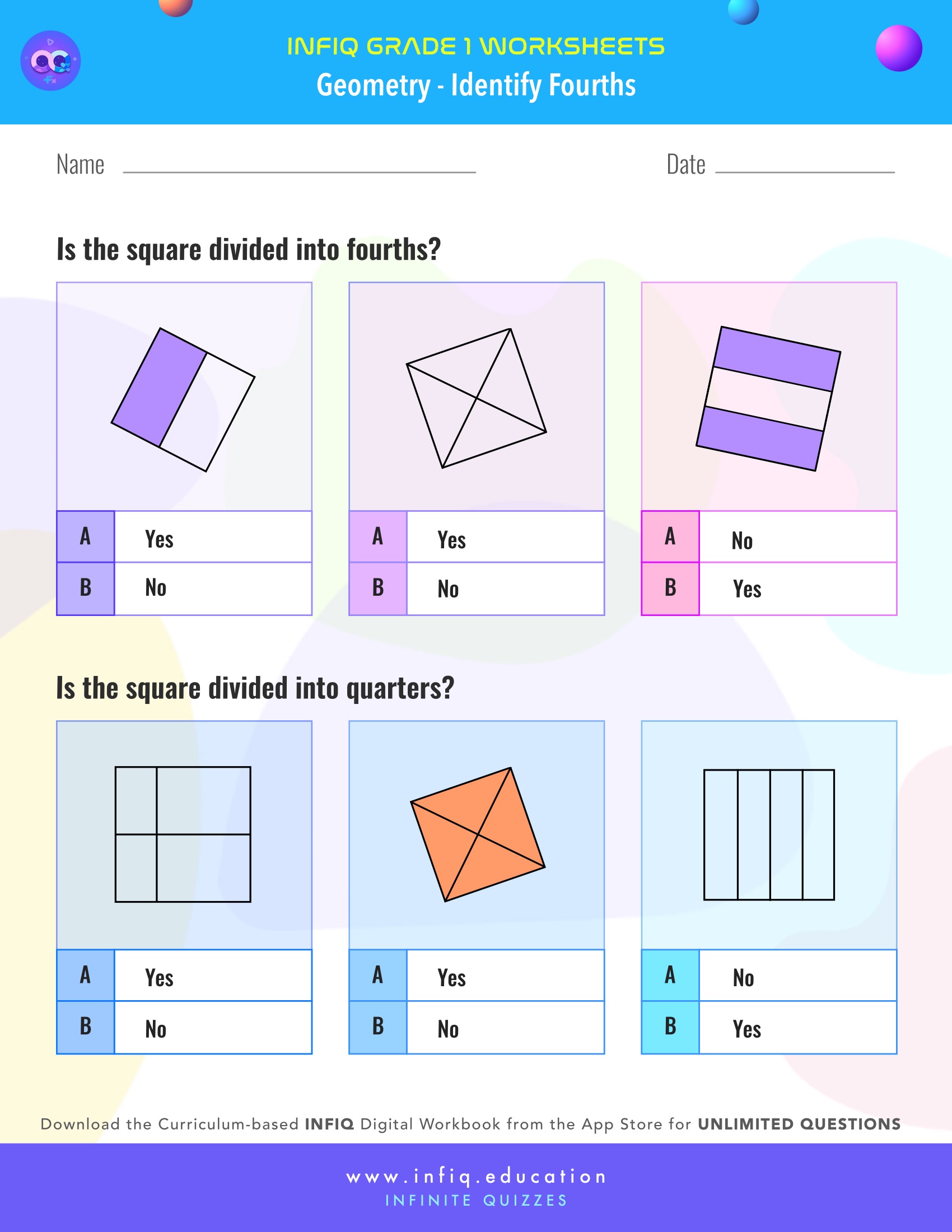 Grade 1 Math: Geometry - Identify Fourths Worksheet