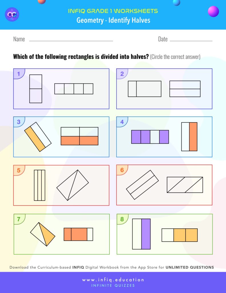 Grade 1 Math: Geometry - Identify Halves Worksheet