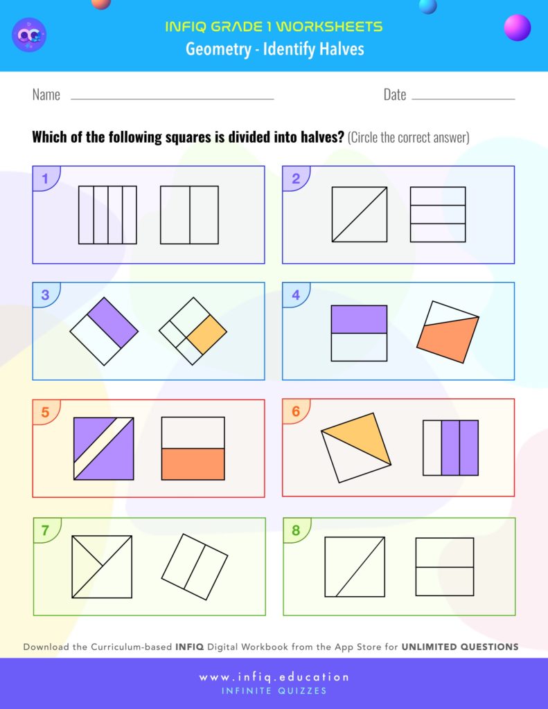 Grade 1 Math: Geometry - Identify Halves Worksheet